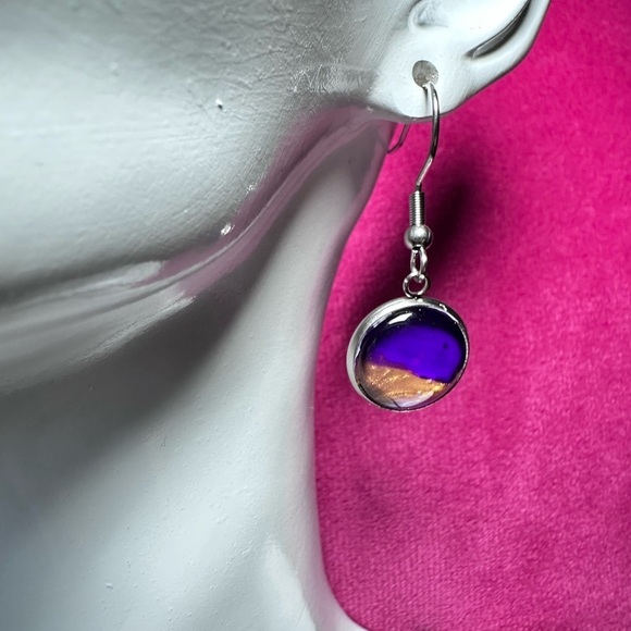 Elegant Purple and Gold Swirl Jewelry Set Handmade Acrylic pour Art Signed 4176 - Picture 13 of 15